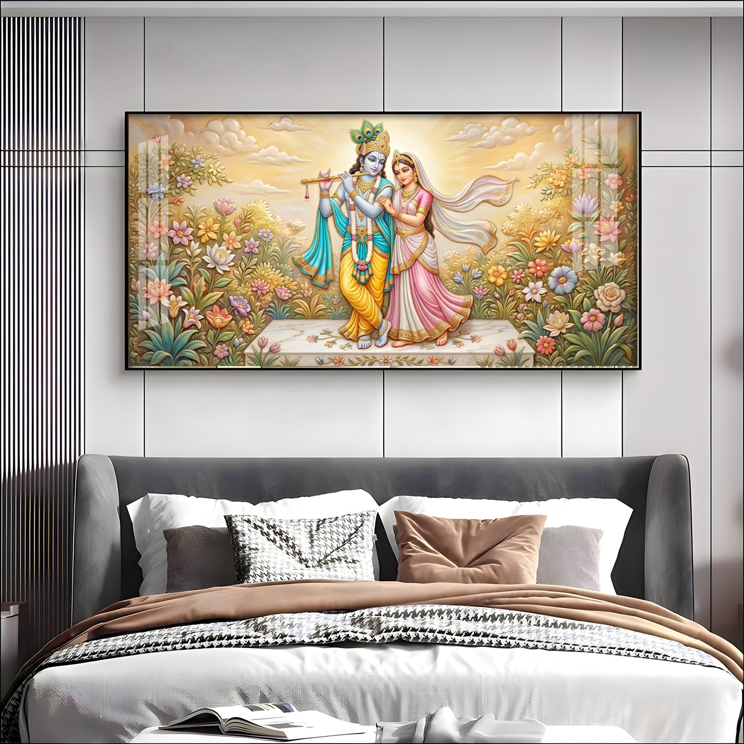 Radha Krishna Surrounded By Flowers Premium Acrylic Horizontal Wall Art