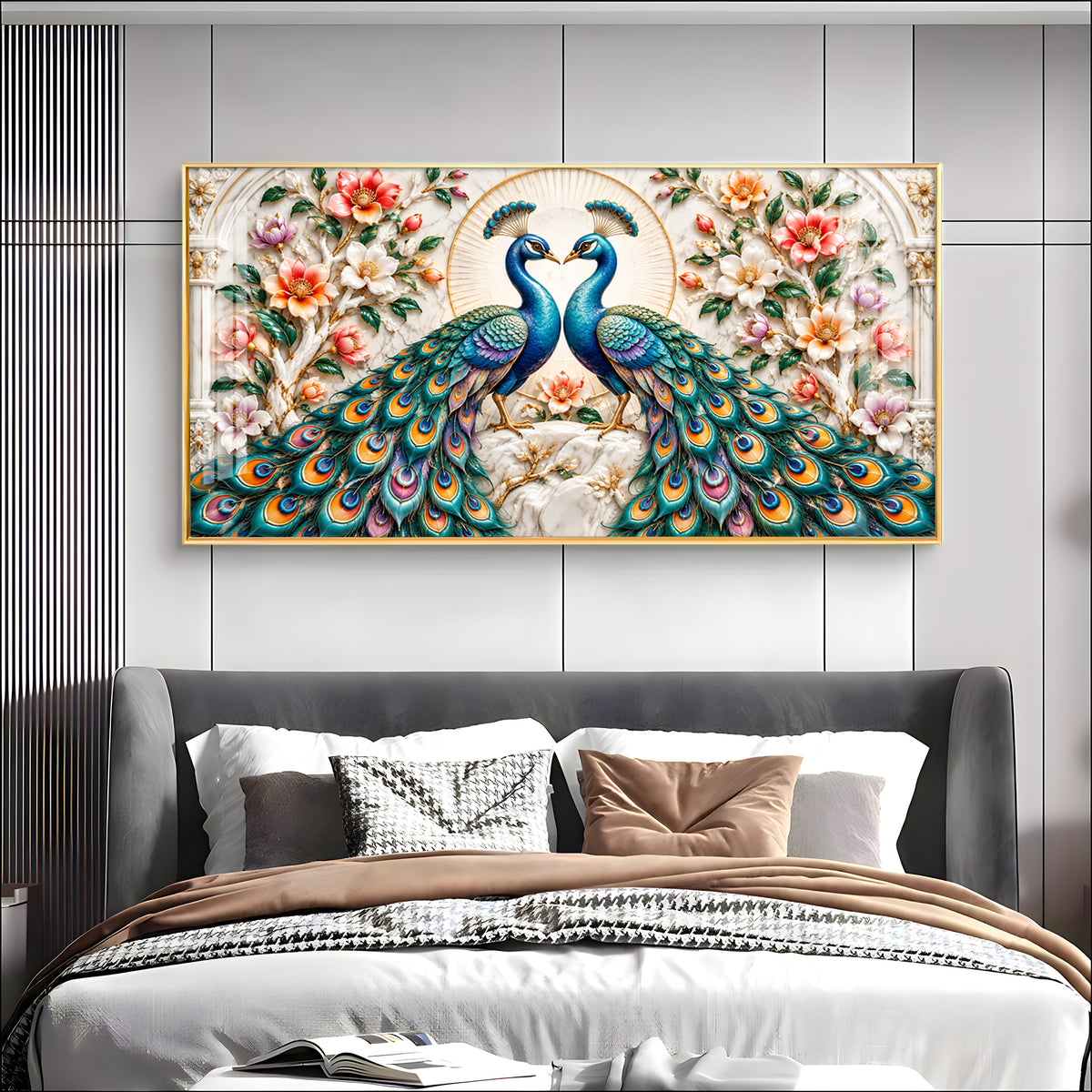 Dual Peacock Floral Premium Acrylic Horizontal Wall Art