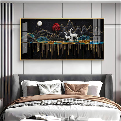 Nature's Gold With Deer in the Mountains Premium Acrylic Horizontal Wall Art