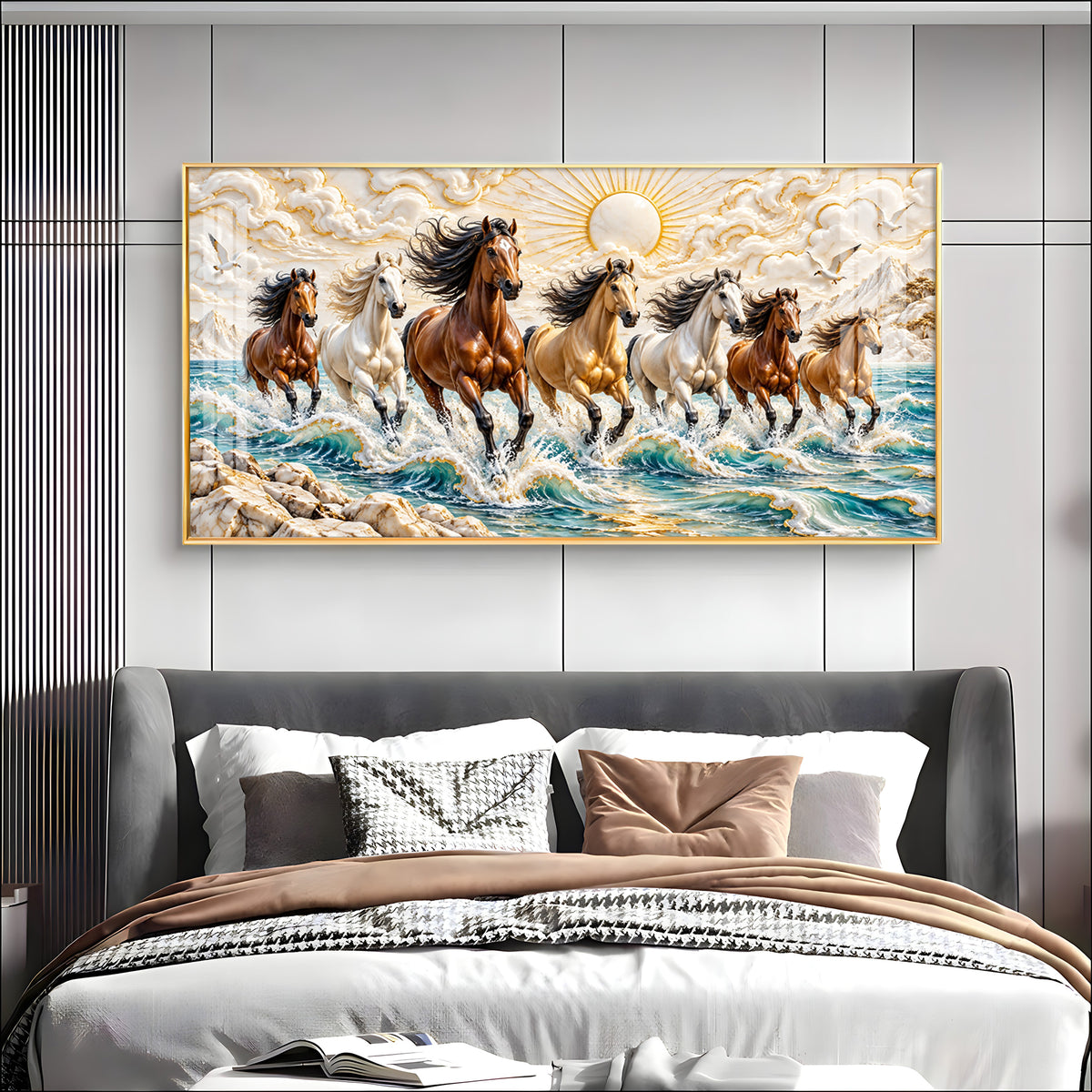 Seven Running Horses in Sea Premium Acrylic Horizontal Wall Art