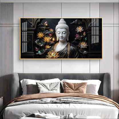 Buddha's Floral Embrace Premium Acrylic Horizontal Wall Art