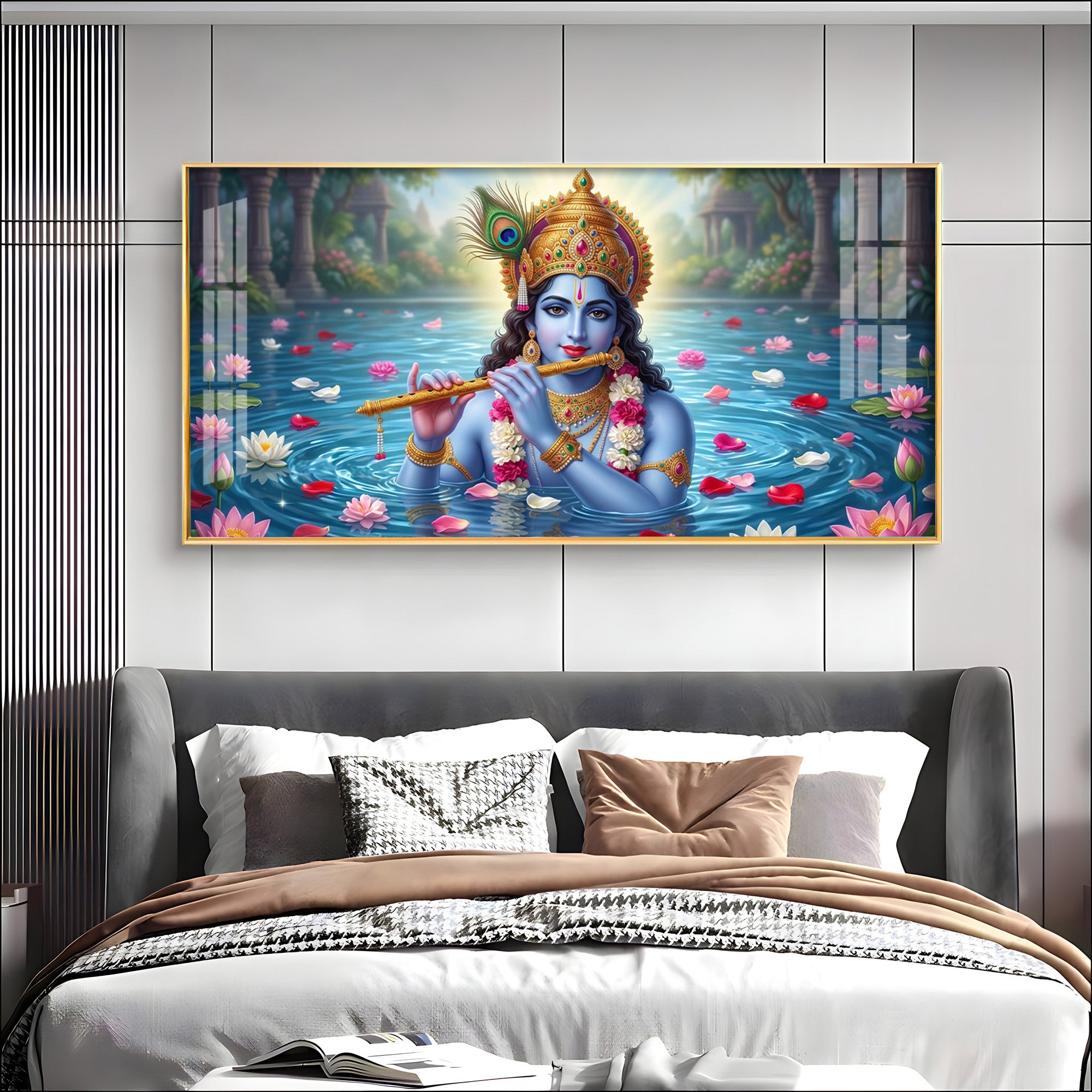 Krishna With Flute Under Pond Premium Acrylic Horizontal Wall Art