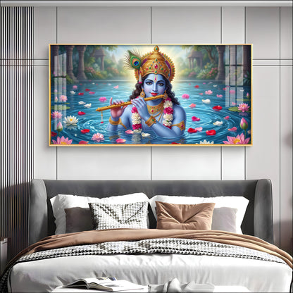 Krishna With Flute Under Pond Premium Acrylic Horizontal Wall Art