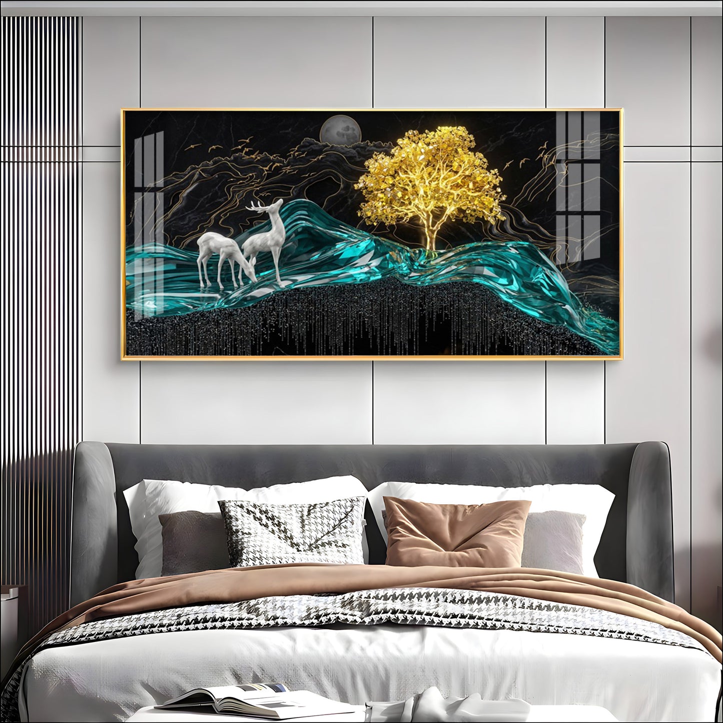Deer With Golden Tree Harmony Premium Acrylic Horizontal Wall Art