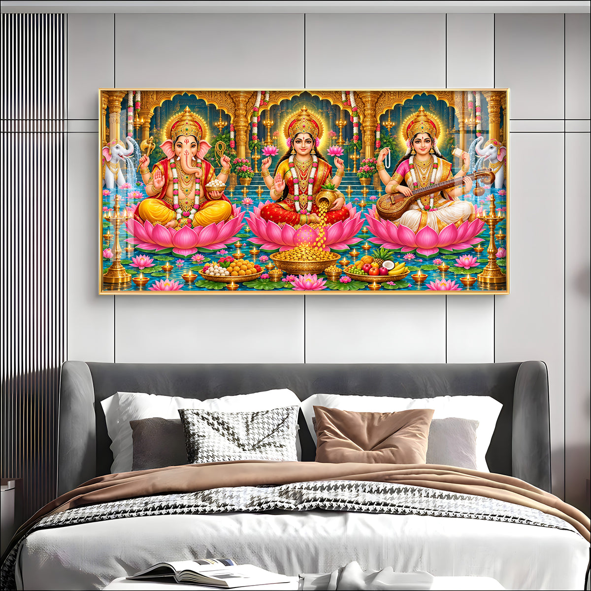 Divine Lord Ganesha, Goddess Lakshmi, and Goddess Saraswati Premium Acrylic Horizontal Wall Art