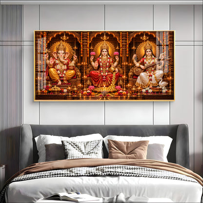 Shri Ganesha, Goddess Lakshmi, and Goddess Saraswati Premium Acrylic Horizontal Wall Art