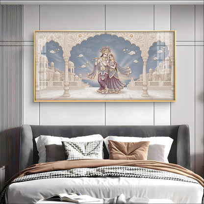 Shri Krishna Playing Flute With Radha Premium Acrylic Horizontal Wall Art