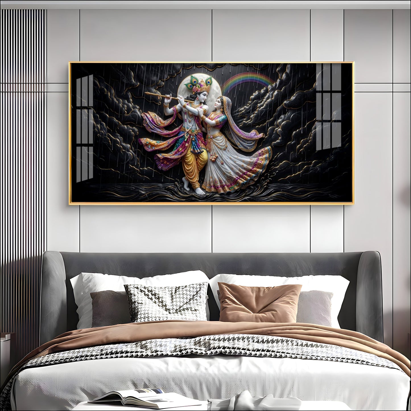 Radha Krishna High Contrast Black Backdrop Premium Acrylic Horizontal Wall Art
