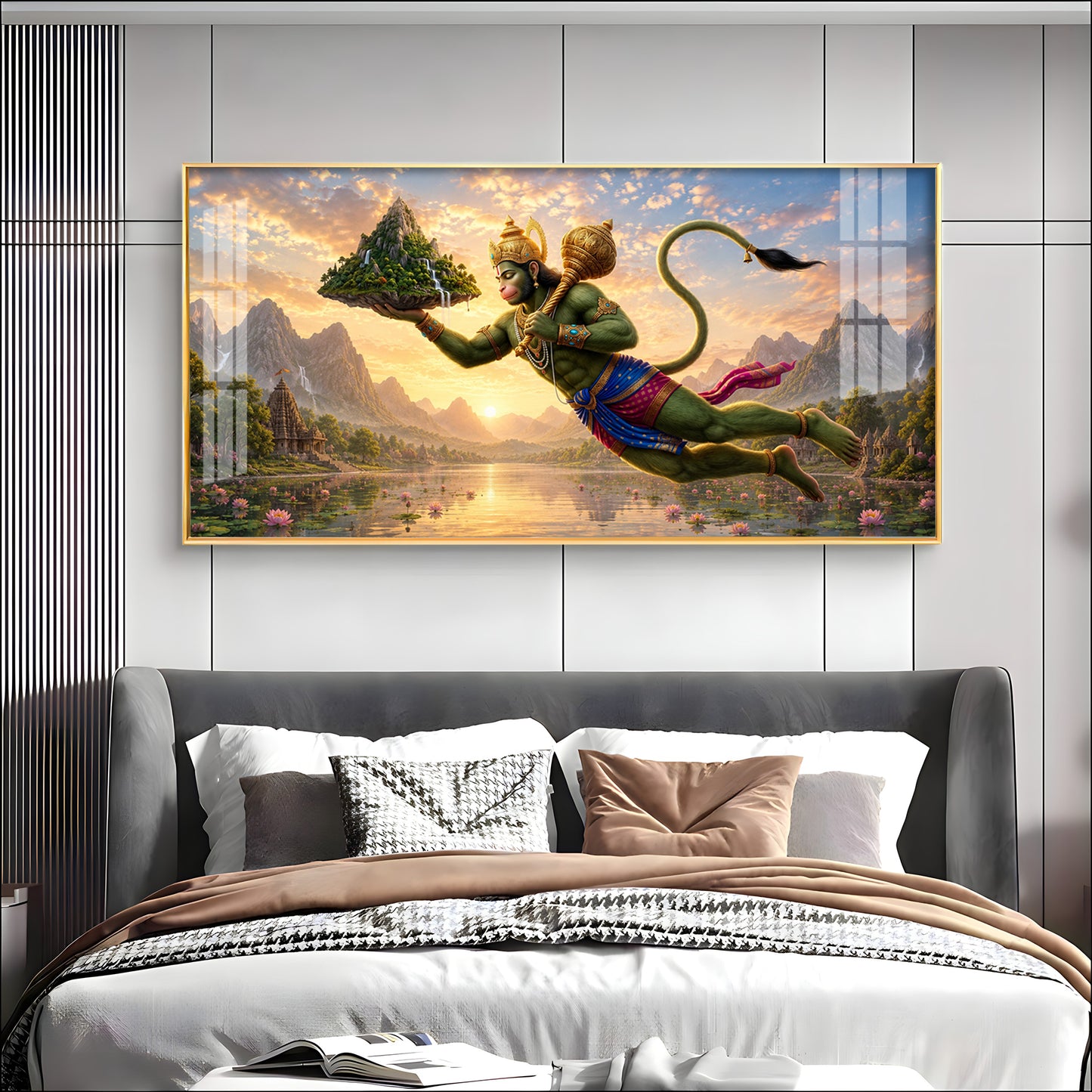 Lord Hanuman Carrying Sanjeevani Mountain Premium Acrylic Horizontal Wall Art