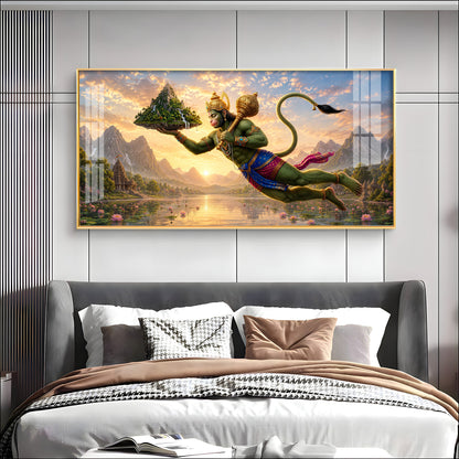 Lord Hanuman Carrying Sanjeevani Mountain Premium Acrylic Horizontal Wall Art
