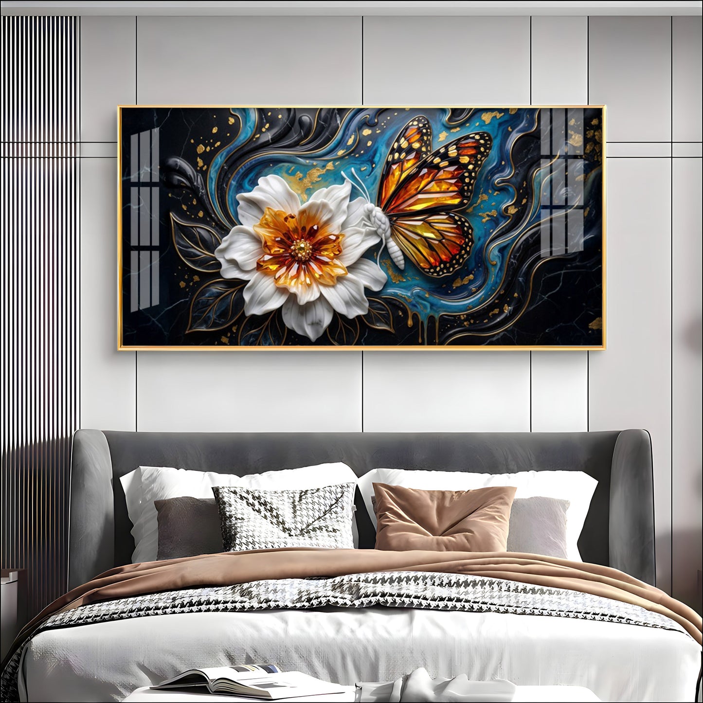 Butterfly Blossom With White Flower Premium Acrylic Horizontal Wall Art