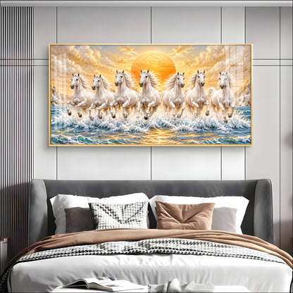 Majestic White Seven Running Horses In sun Rise Premium Acrylic Horizontal Wall Art
