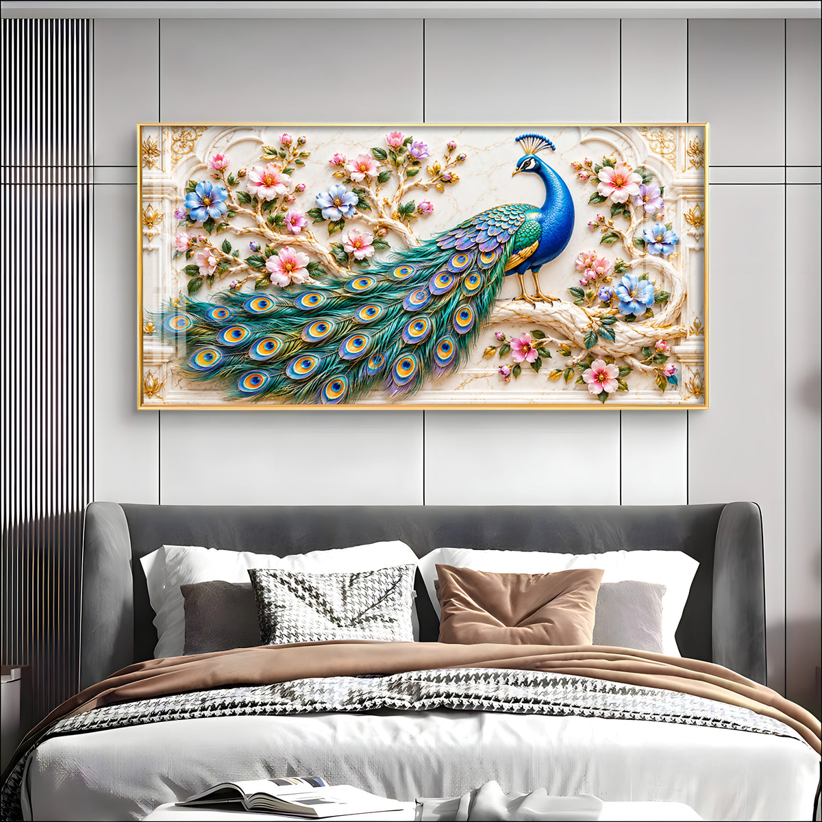 Majestic Peacock Floral Premium Acrylic Horizontal Wall Art
