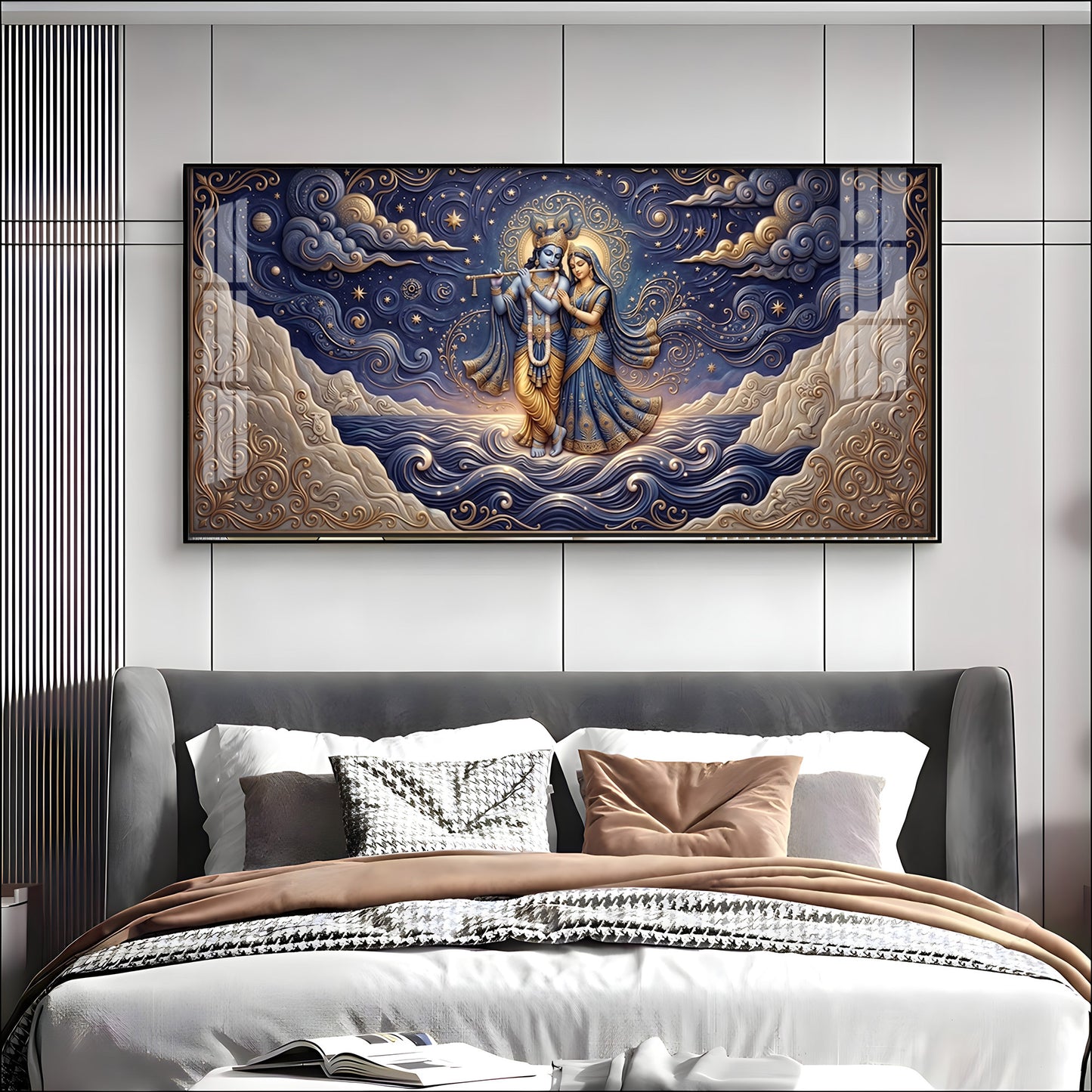 Radha Krishna Depicted In A Celestial Blue Premium Acrylic Horizontal Wall Art