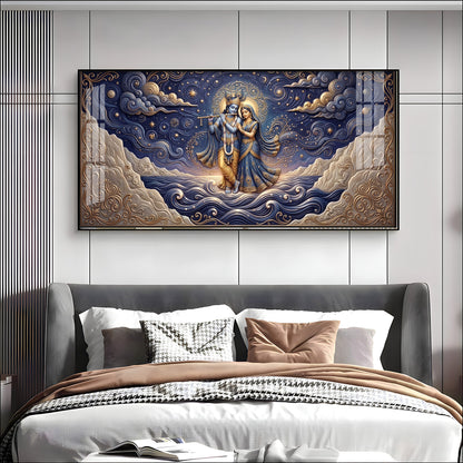 Radha Krishna Depicted In A Celestial Blue Premium Acrylic Horizontal Wall Art
