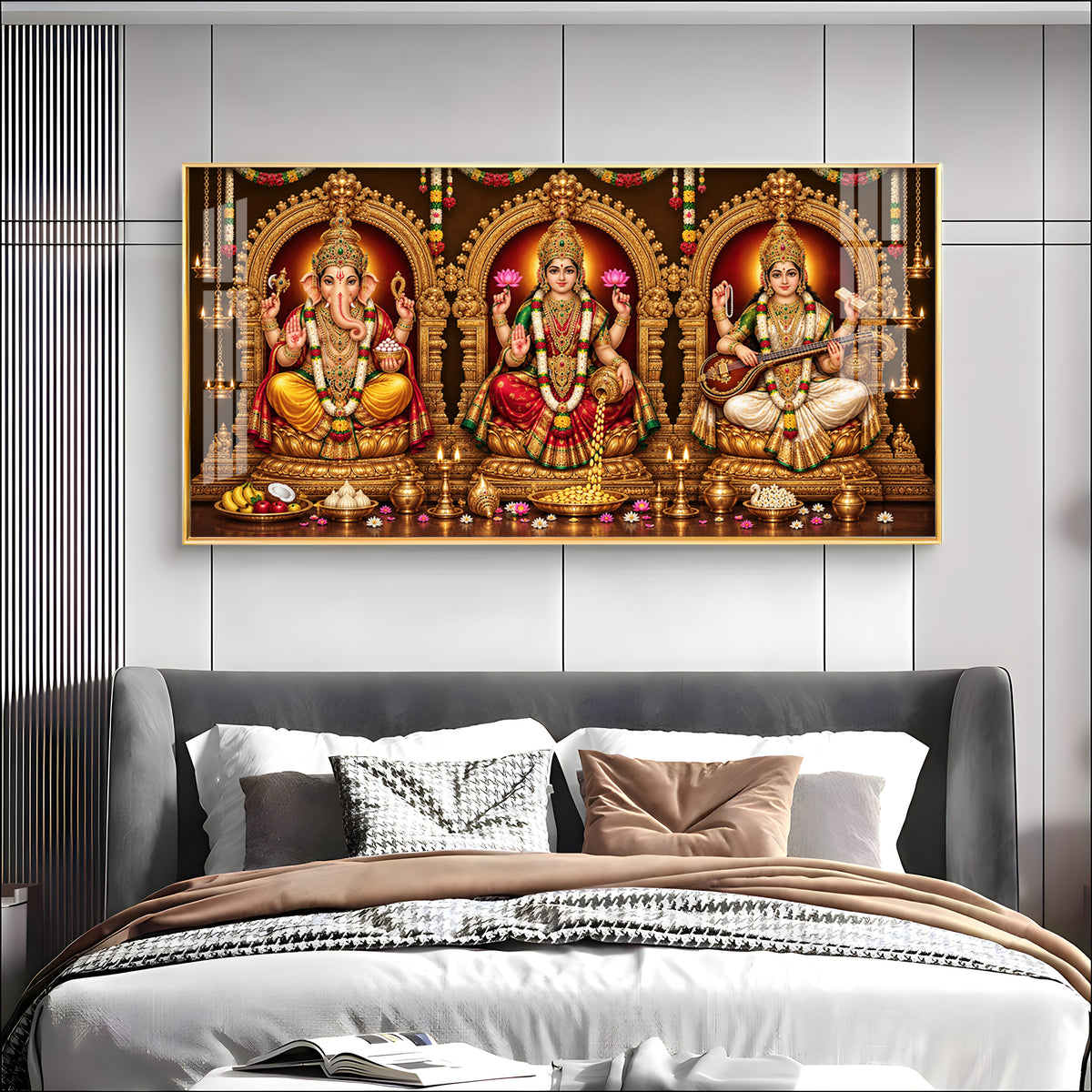 Goddess Laxmi, God Ganesh & Maa Saraswati Premium Acrylic Horizontal Wall Art