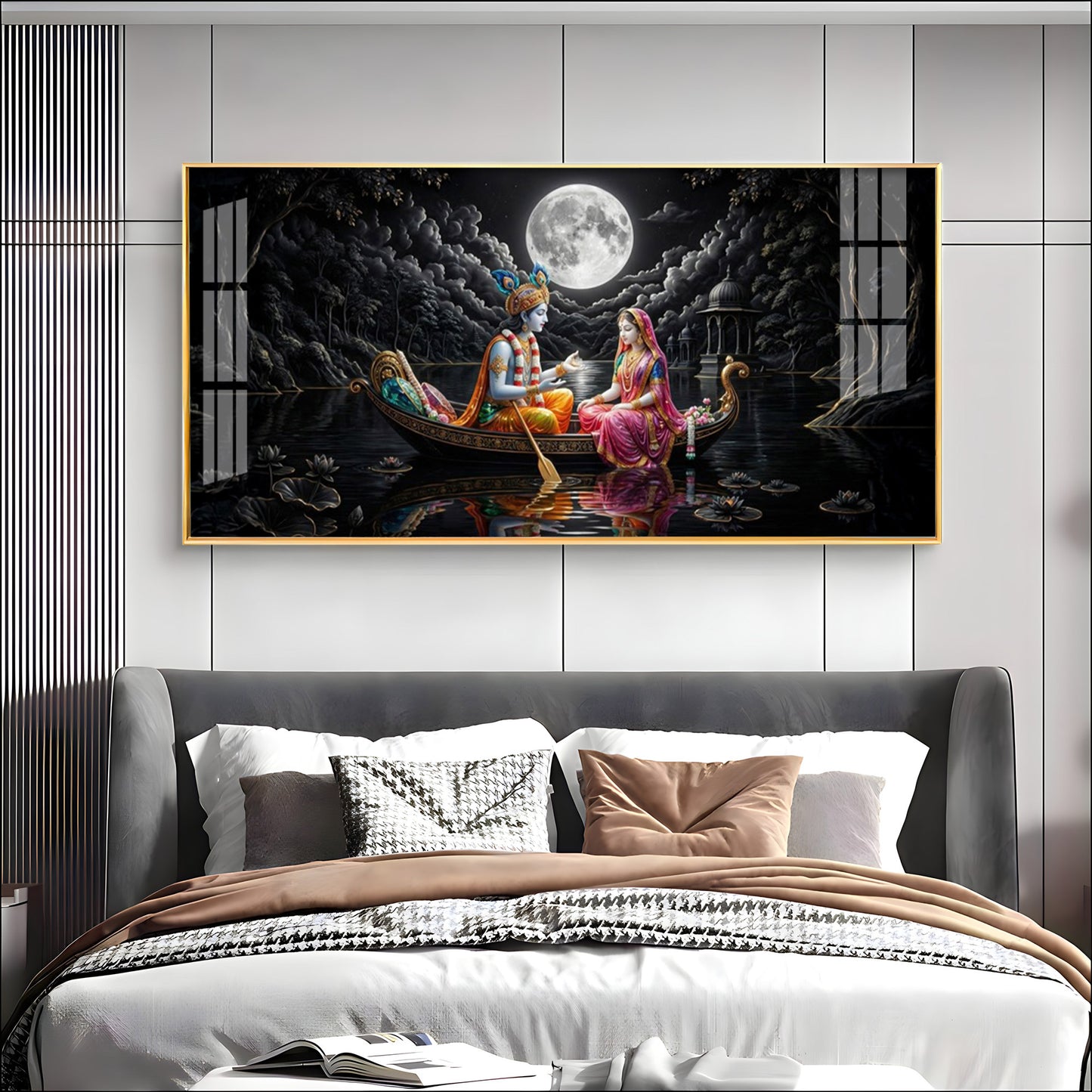 Radha & Krishna's Moonlit Journey Premium Acrylic Horizontal Wall Art