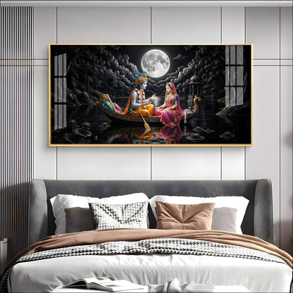 Radha & Krishna's Moonlit Journey Premium Acrylic Horizontal Wall Art