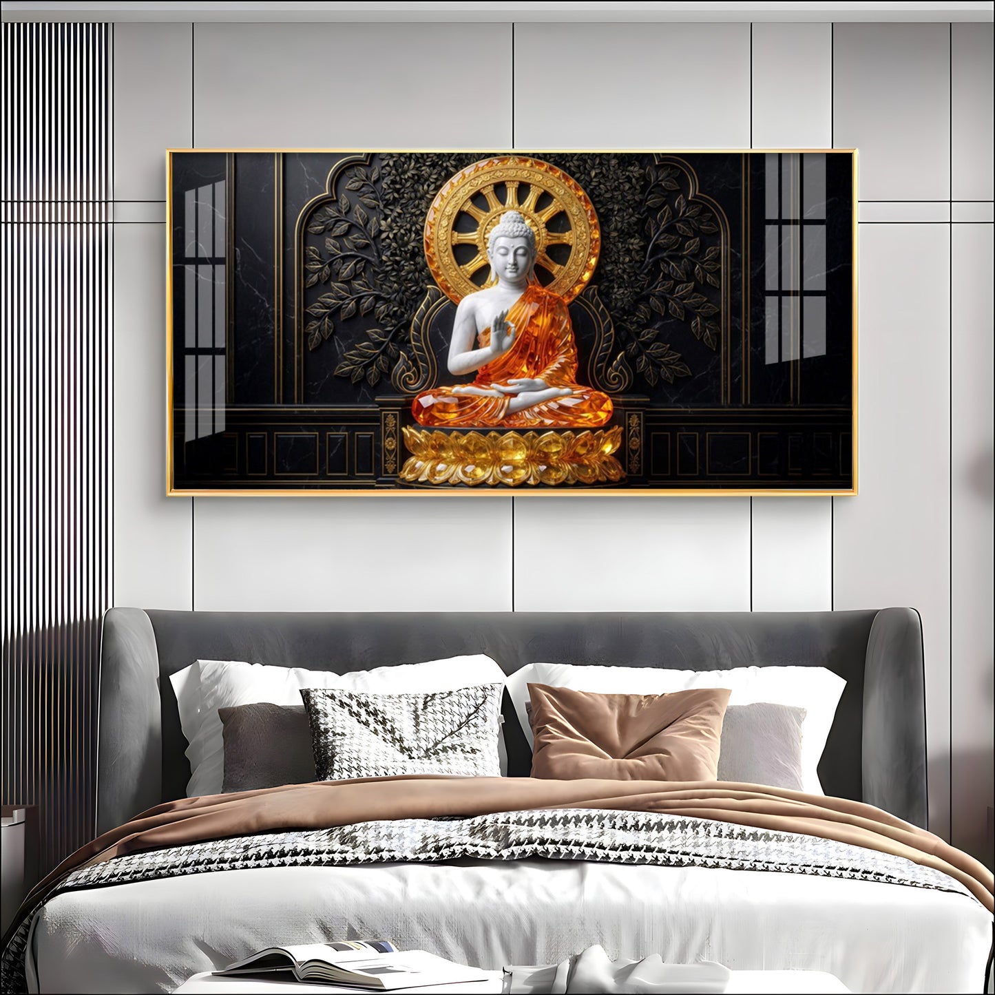 Buddha Meditating Gold & White Premium Acrylic Horizontal Wall Art