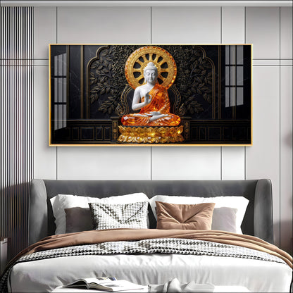 Buddha Meditating Gold & White Premium Acrylic Horizontal Wall Art