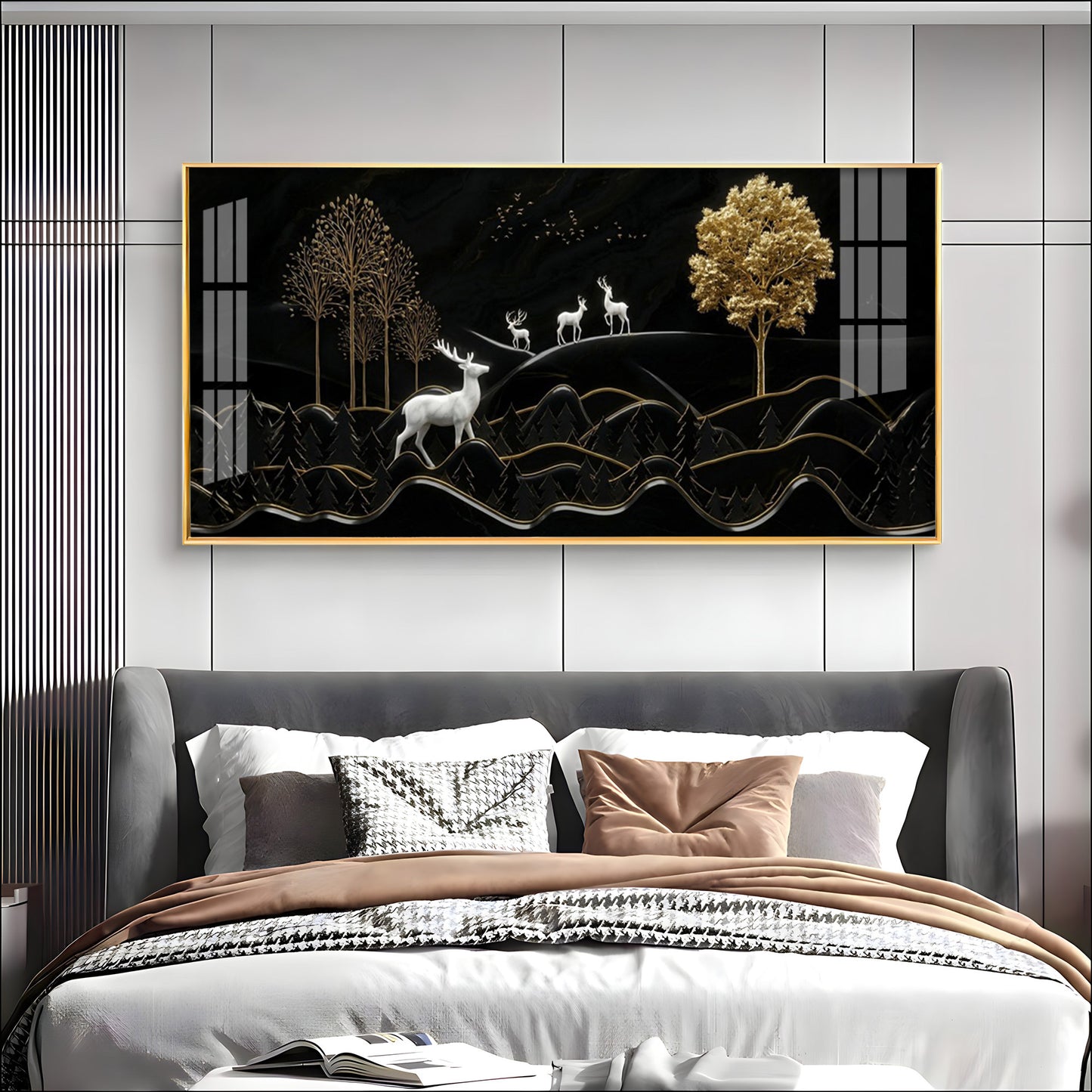 Deer Mountain With Golden Tree Premium Acrylic Horizontal Wall Art