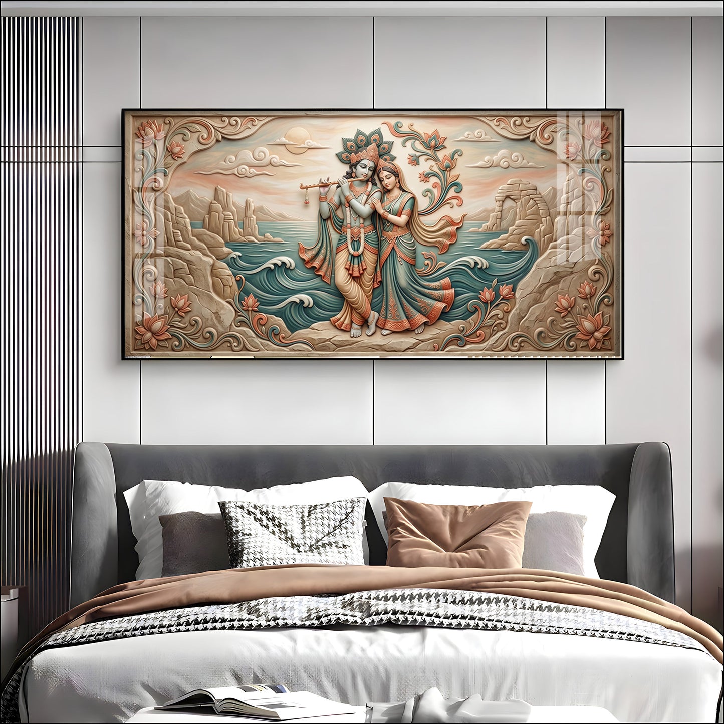 Radha Krishna With Flowers Premium Acrylic Horizontal Wall Art
