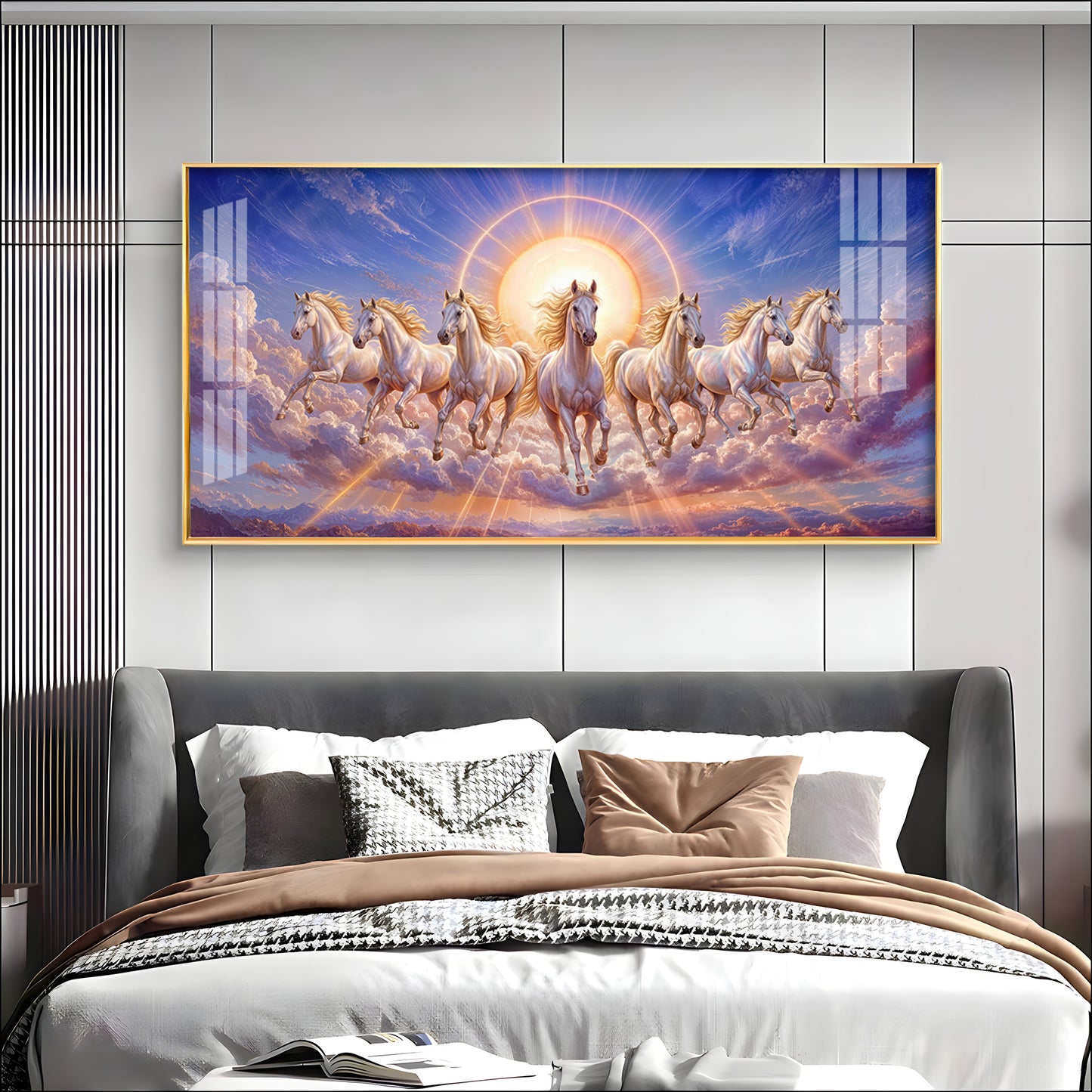 Seven Galloping White Horses Premium Acrylic Horizontal Wall Art