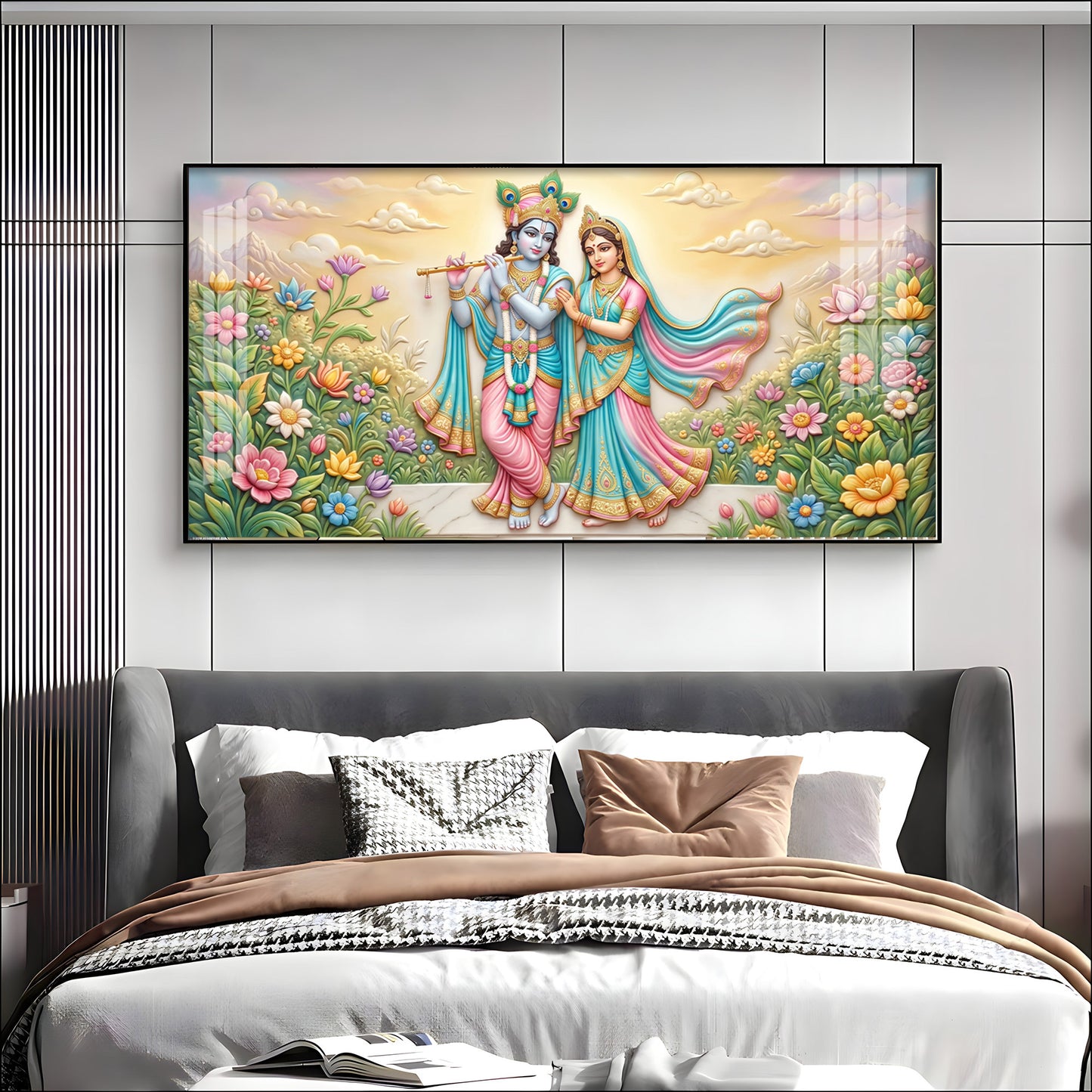 Krishna Playing The Flute Beside Radha Premium Acrylic Horizontal Wall Art