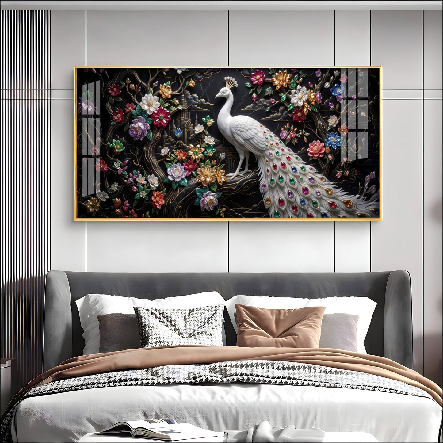 Peacock Embellishments & Black Background Premium Acrylic Horizontal Wall Art