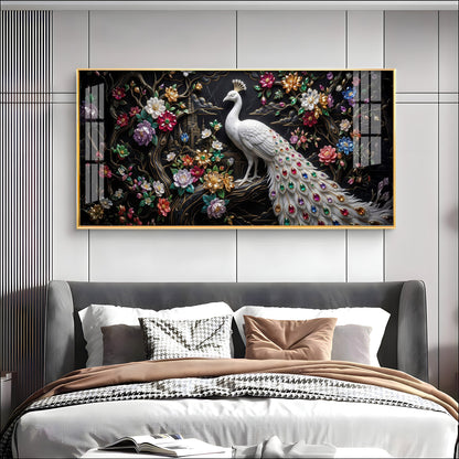 Peacock Embellishments & Black Background Premium Acrylic Horizontal Wall Art