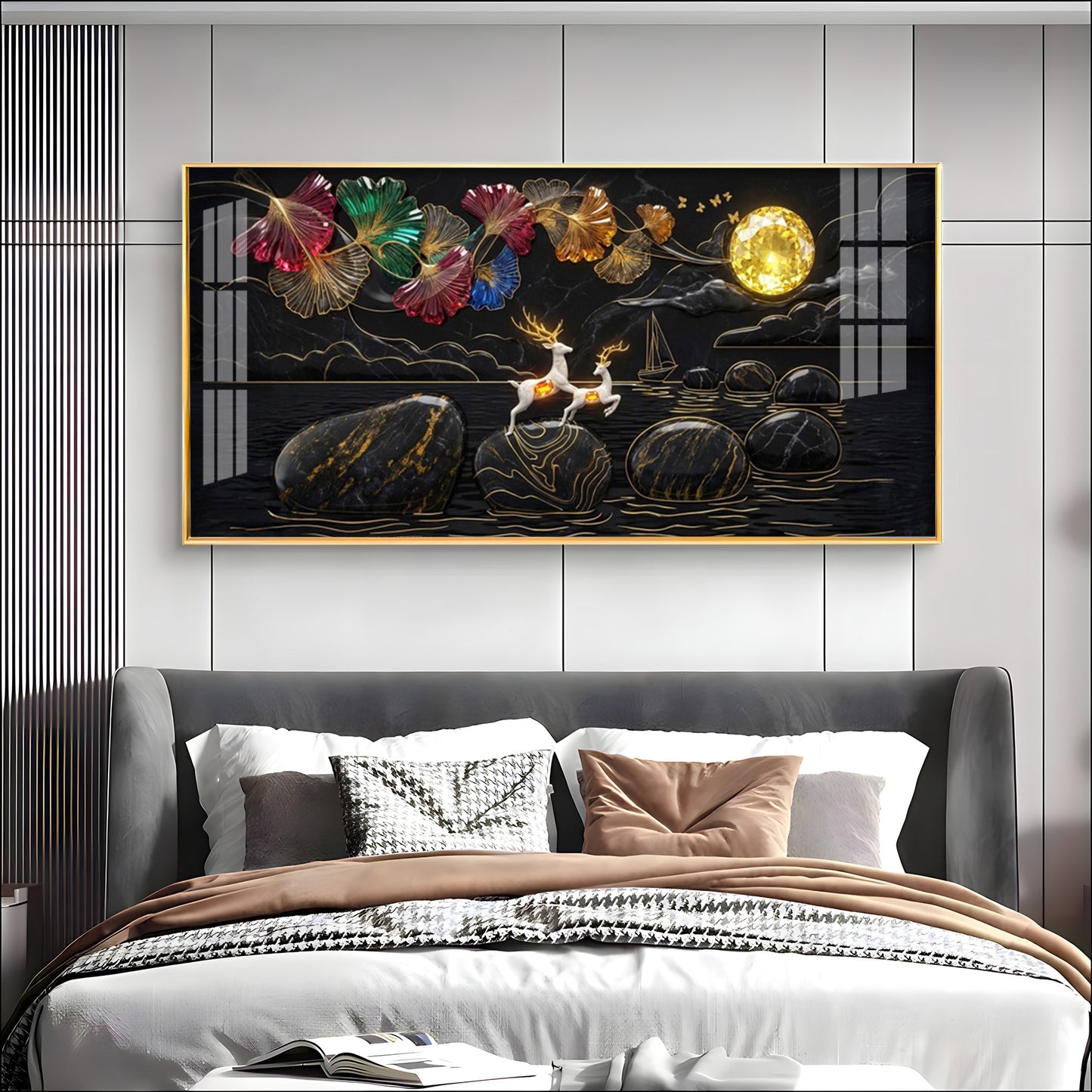 Luxurious Gold Moon and Deerstone Dreams Premium Acrylic Horizontal Wall Art