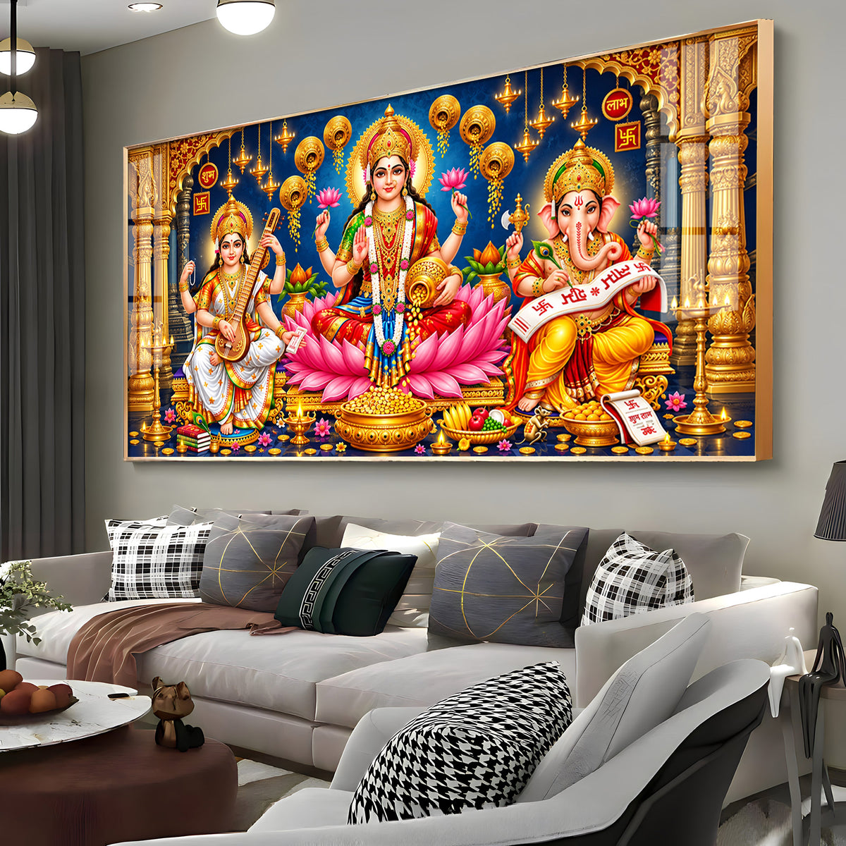 Maa Lakshmi, Ganesha and Saraswati Premium Acrylic Horizontal Wall Art