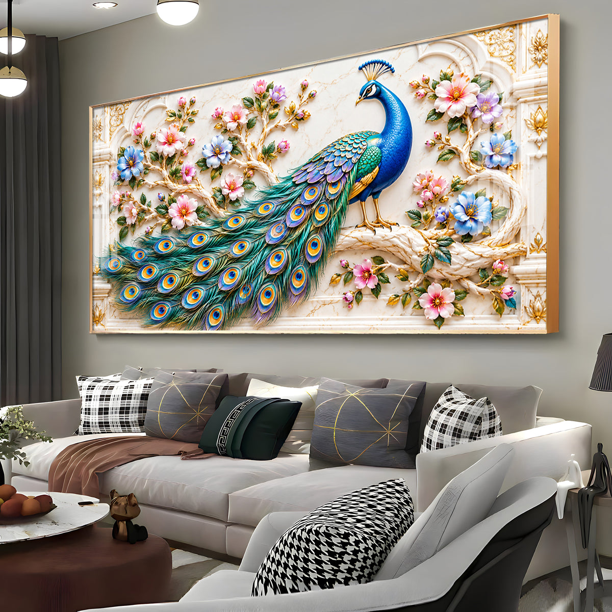 Majestic Peacock Floral Premium Acrylic Horizontal Wall Art