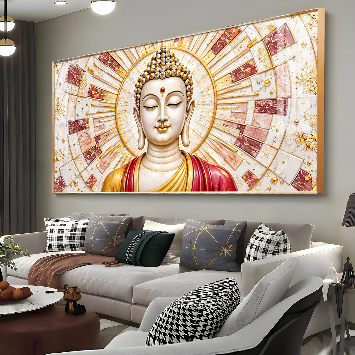 Golden Sunburst Buddha Premium Acrylic Horizontal Wall Art