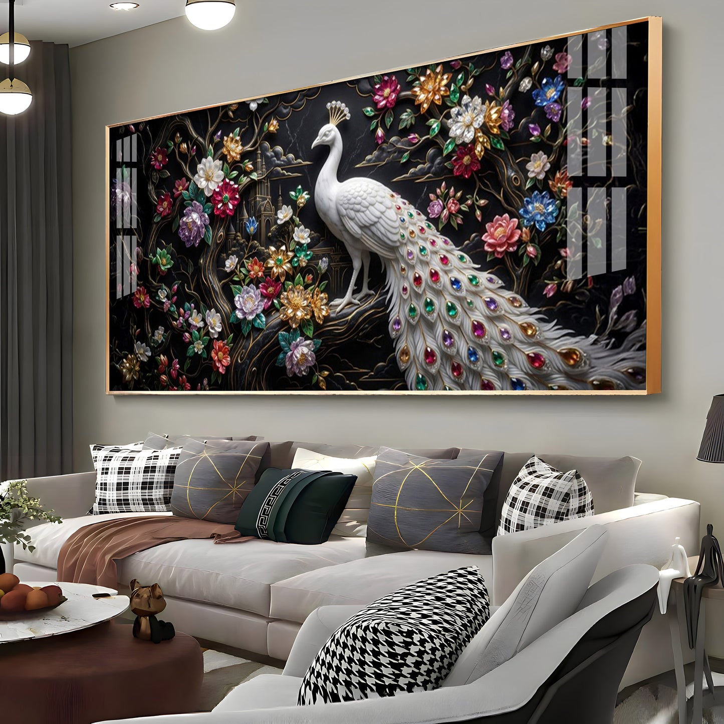 Peacock Embellishments & Black Background Premium Acrylic Horizontal Wall Art