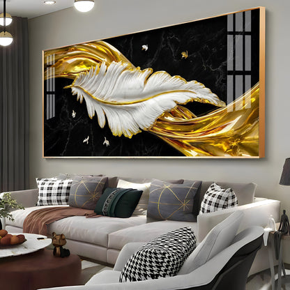 White & Gold Feather Premium Acrylic Horizontal Wall Art