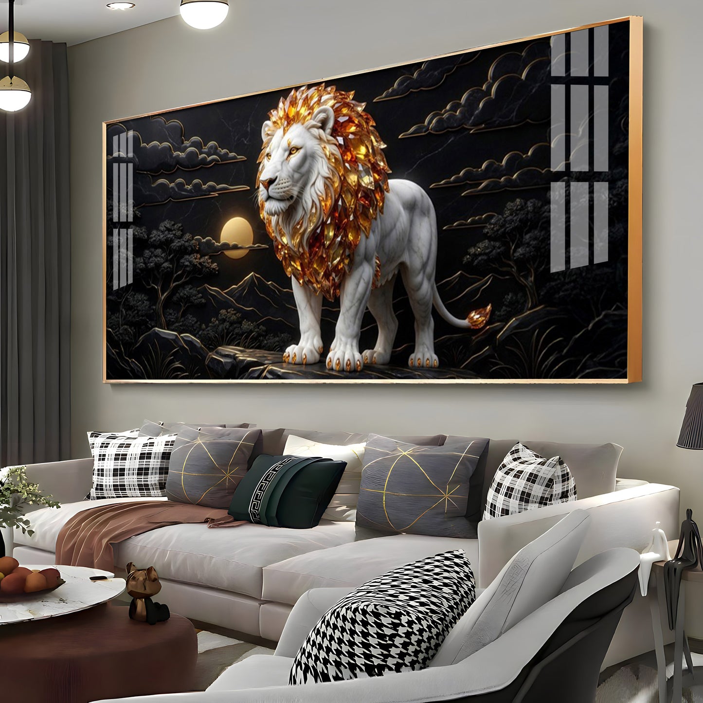 Majestic White & Gold Lion Premium Acrylic Horizontal Wall Art