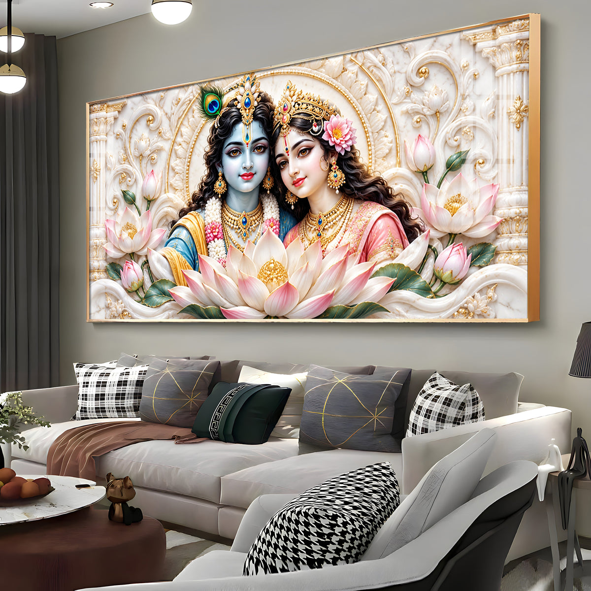 Radha Krishna With Lotus Premium Acrylic Horizontal Wall Art