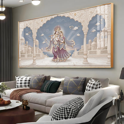 Shri Krishna Playing Flute With Radha Premium Acrylic Horizontal Wall Art