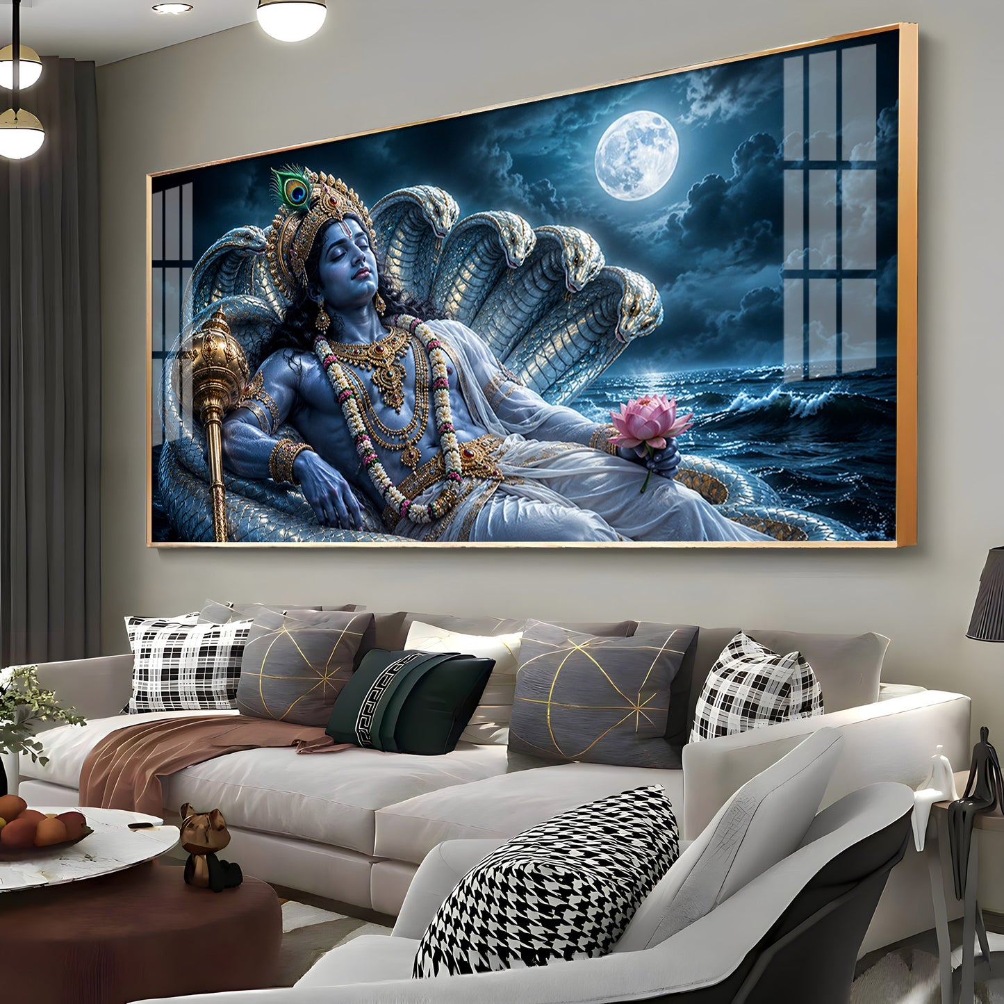 Lord Vishnu With Sheshnag Premium Acrylic Horizontal Wall Art