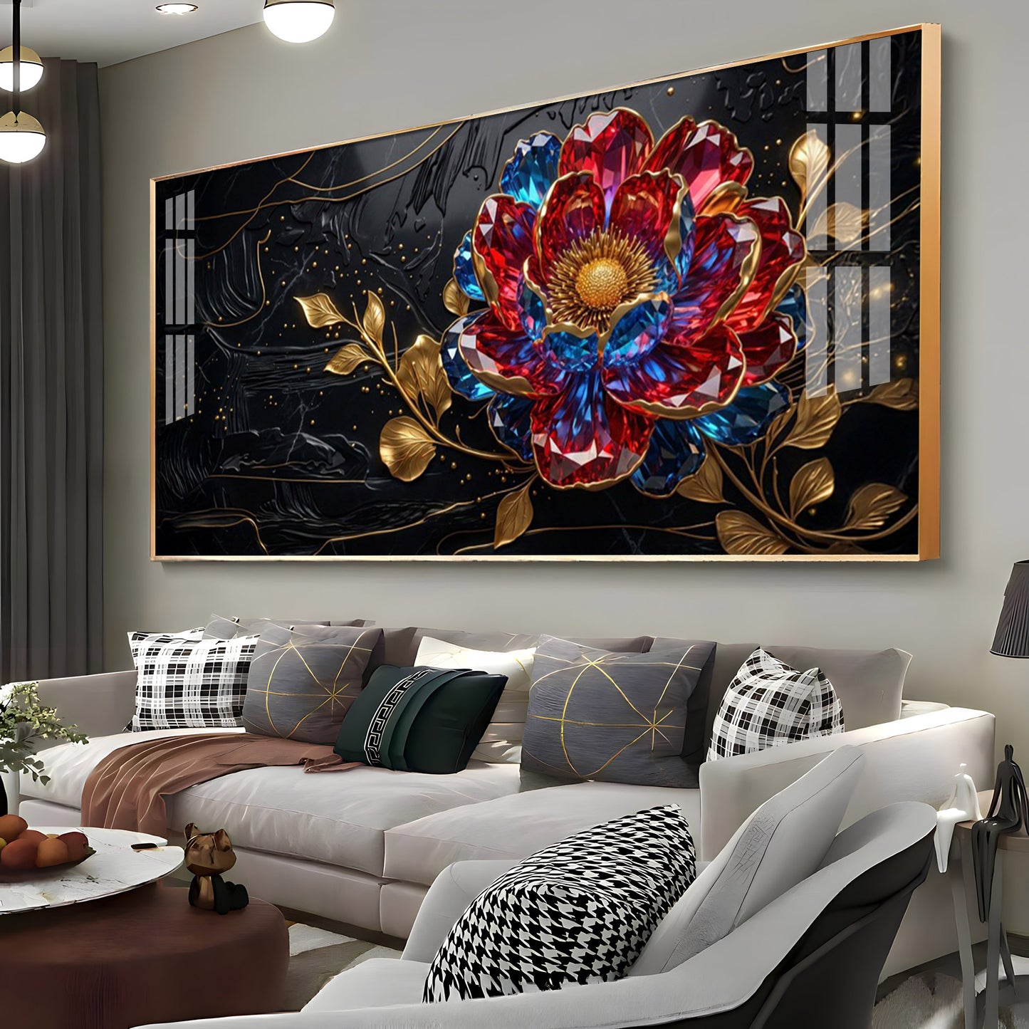 Abstract Floral With Red & Blue Premium Acrylic Horizontal Wall Art