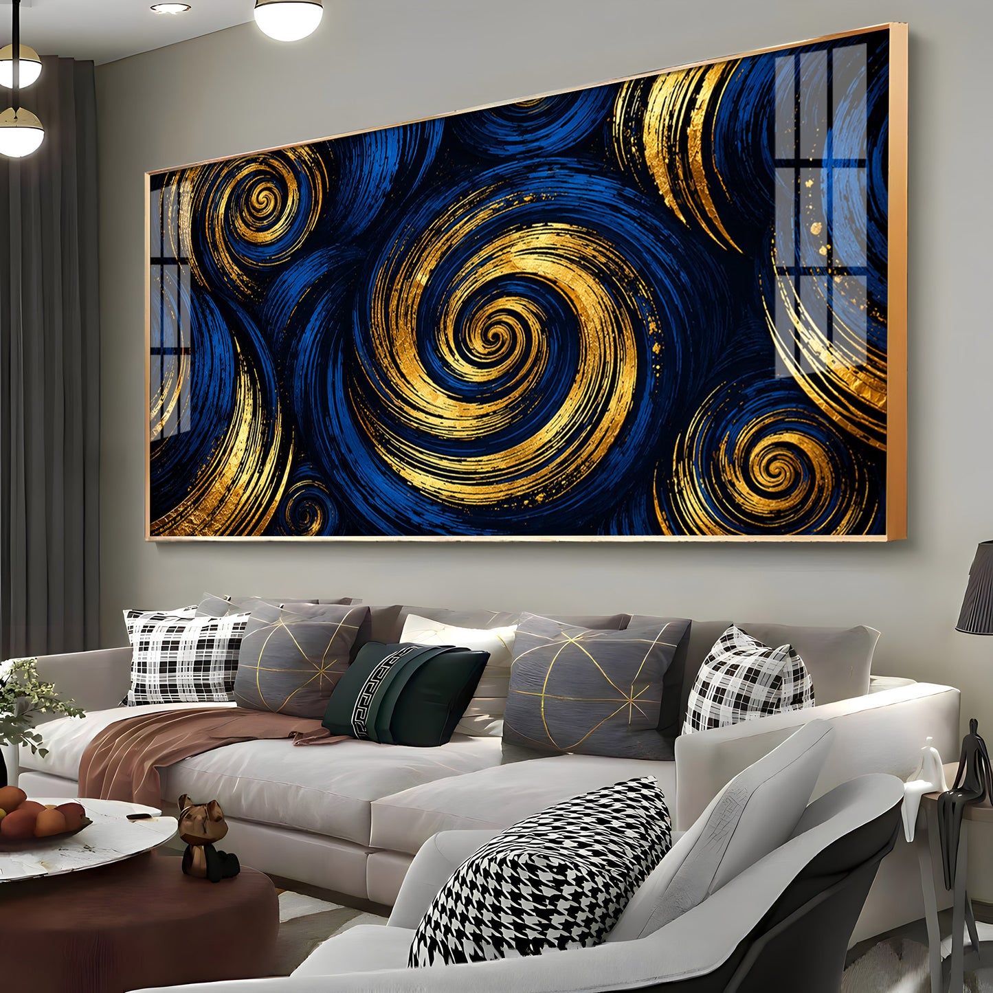 Blue Gold Swirls Premium Acrylic Horizontal Wall Art
