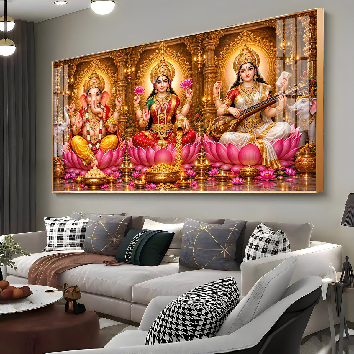 Lord Ganesha, Goddess Lakshmi & Goddess Saraswati Premium Acrylic Horizontal Wall Art