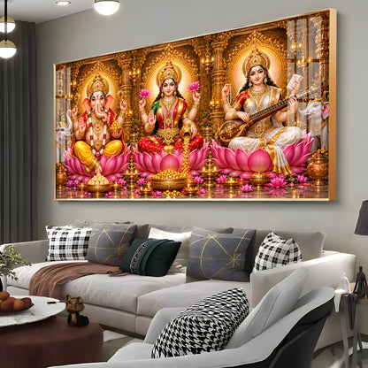 Lord Ganesha, Goddess Lakshmi & Goddess Saraswati Premium Acrylic Horizontal Wall Art