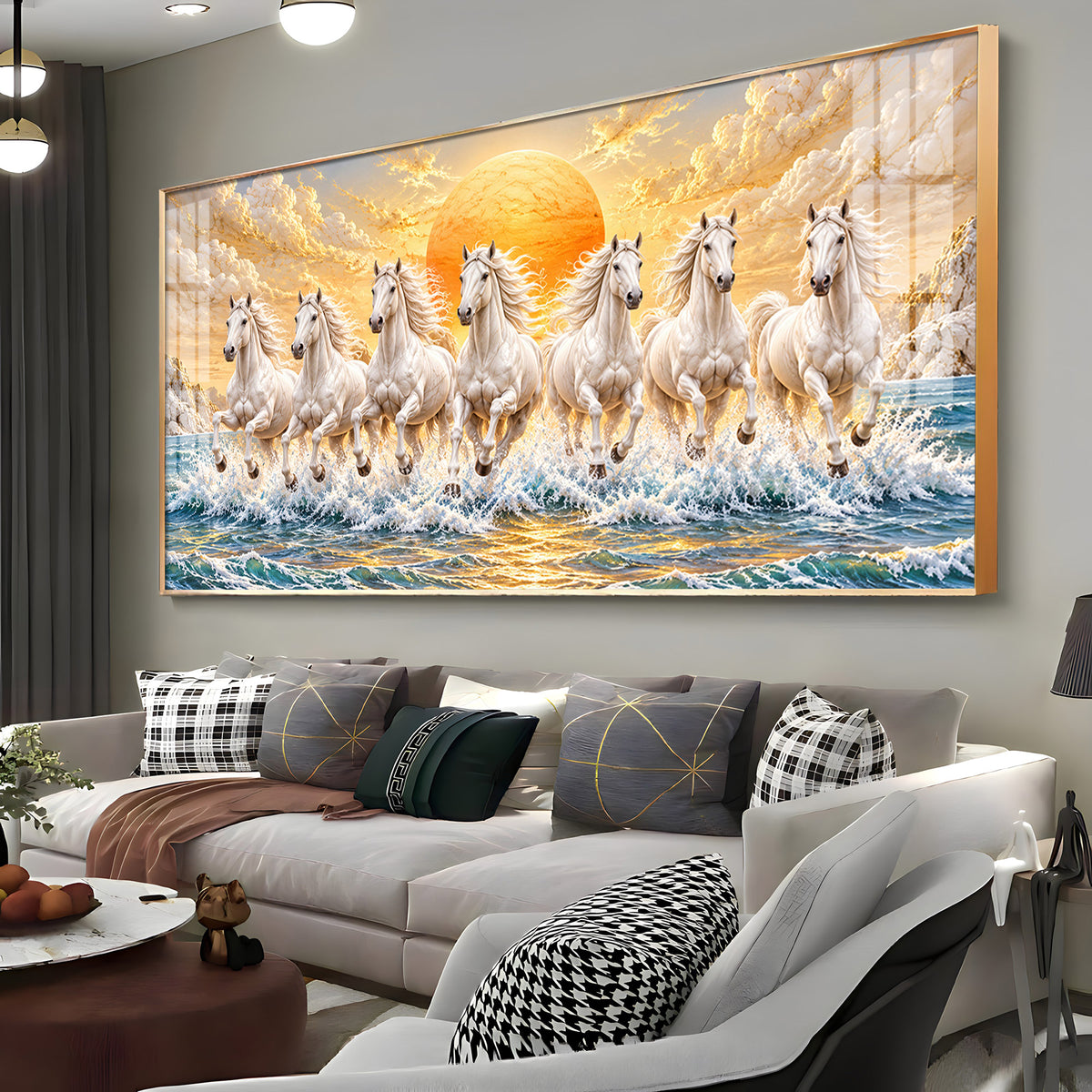 Majestic White Seven Running Horses In sun Rise Premium Acrylic Horizontal Wall Art