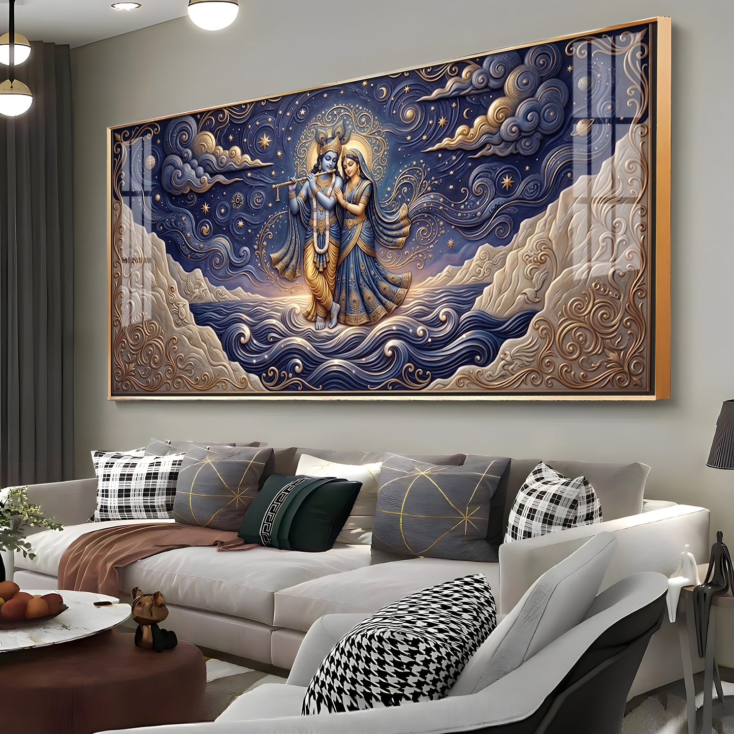 Radha Krishna Depicted In A Celestial Blue Premium Acrylic Horizontal Wall Art