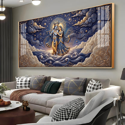 Radha Krishna Depicted In A Celestial Blue Premium Acrylic Horizontal Wall Art