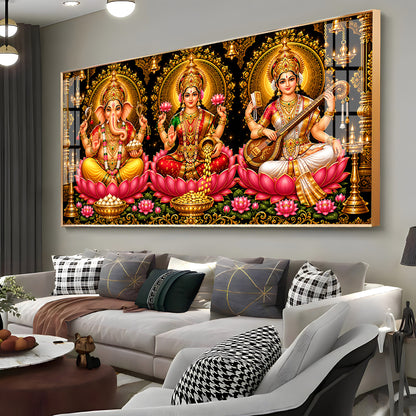 Hindu Lord Ganesha, Goddess Lakshmi, and Goddess Saraswati Premium Acrylic Horizontal Wall Art