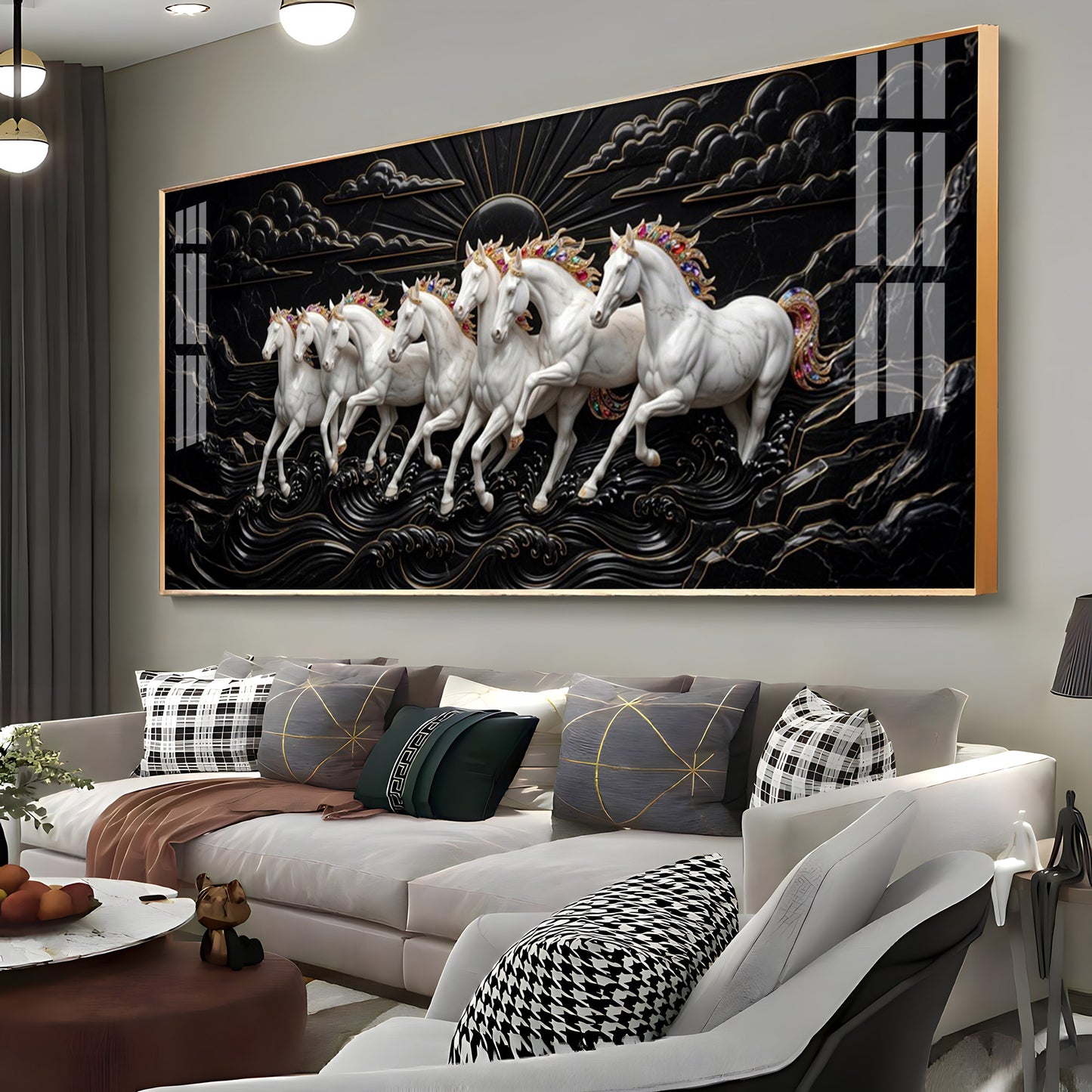 Pure Essence White Seven Horses Premium Acrylic Horizontal Wall Art