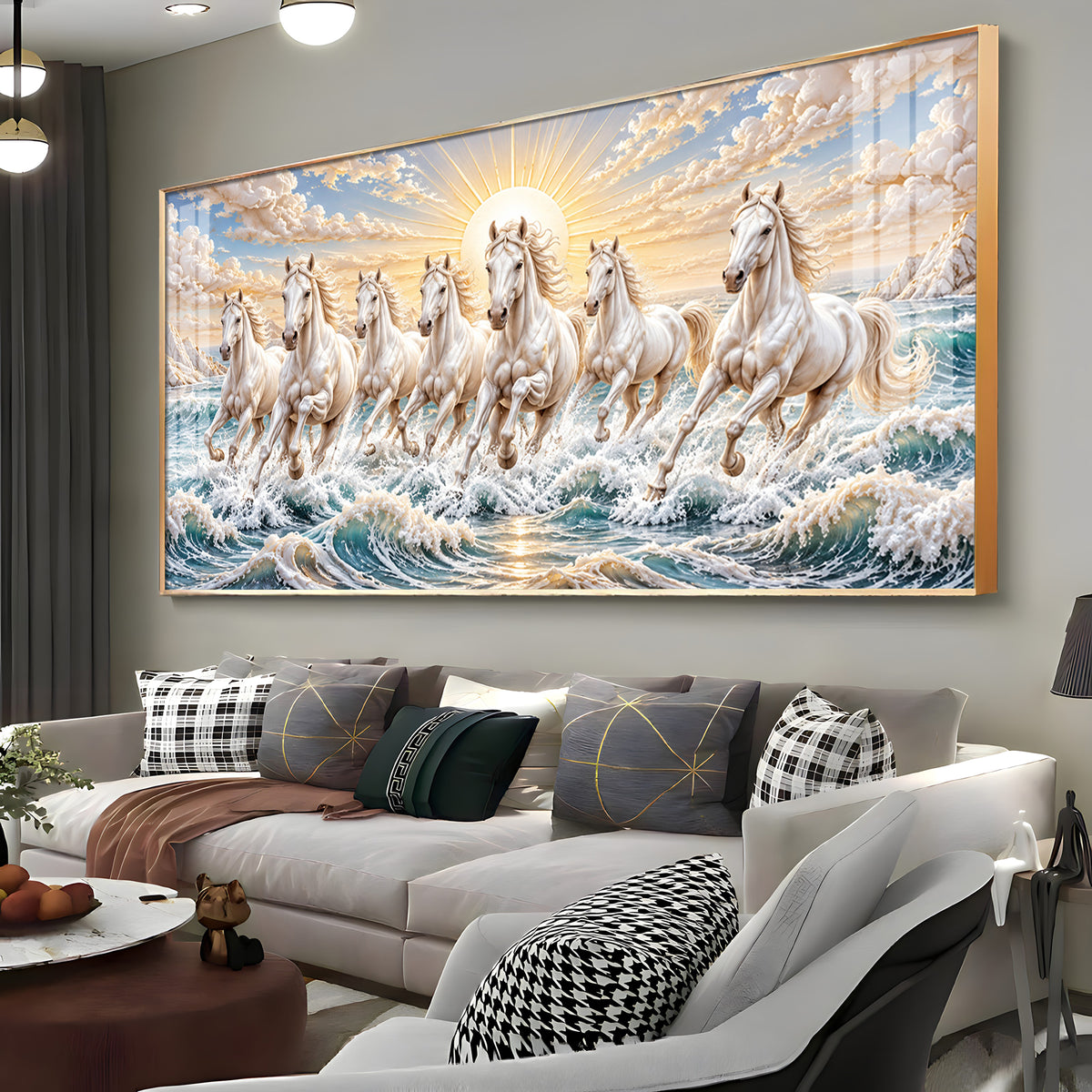 Majestic White Seven Running Horses Premium Acrylic Horizontal Wall Art